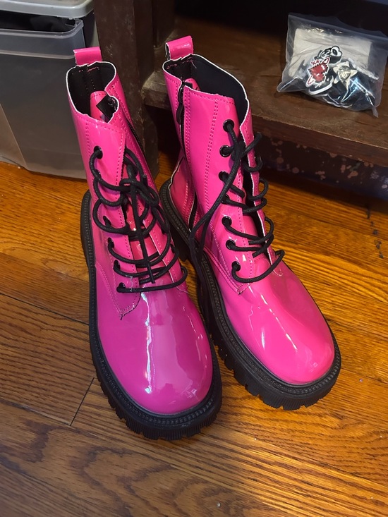 Shoes - Hot Pink Patent Combat Boots for Women - Lace-Up Platform Boots
